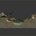 Scenic Miniature Model With Mountain River Bridge House Dead Tree And Grass