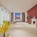 Bridal Shop Interior Design With Red Walls White Herringbone Floor Arched Windows And Potted Plants