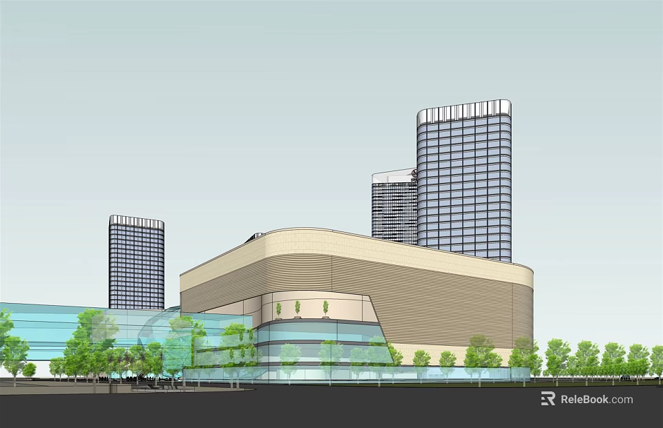 Modern Commercial Complex Featuring Glass Curtain Walls Surrounding High Rise Buildings and Lush Greenery 3d model 