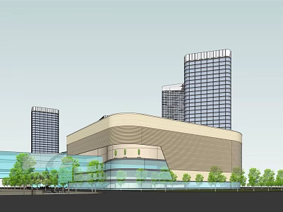 Modern Commercial Complex Featuring Glass Curtain Walls Surrounding High Rise Buildings and Lush Greenery 3d model