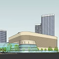 Modern Commercial Complex Featuring Glass Curtain Walls Surrounding High Rise Buildings and Lush Greenery