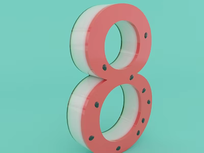 Watermelon Shaped Number 8 With Red Flesh Green Rind And Black Seeds On Turquoise Background 3d model