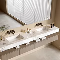 Modern Bathroom Double Sink Vanity With Marble Countertop Large Mirror And Wooden Cabinets