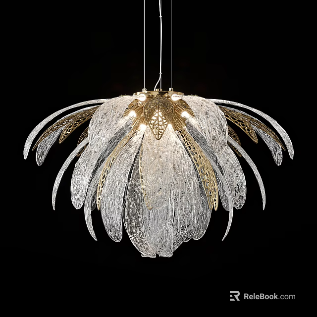 Elegant Modern Chandelier With Feather Like Design Transparent And Gold Materials 3d model 