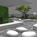 Modern Courtyard Garden Design With Green Living Wall Trees Flowers And Metal Decorative Elements