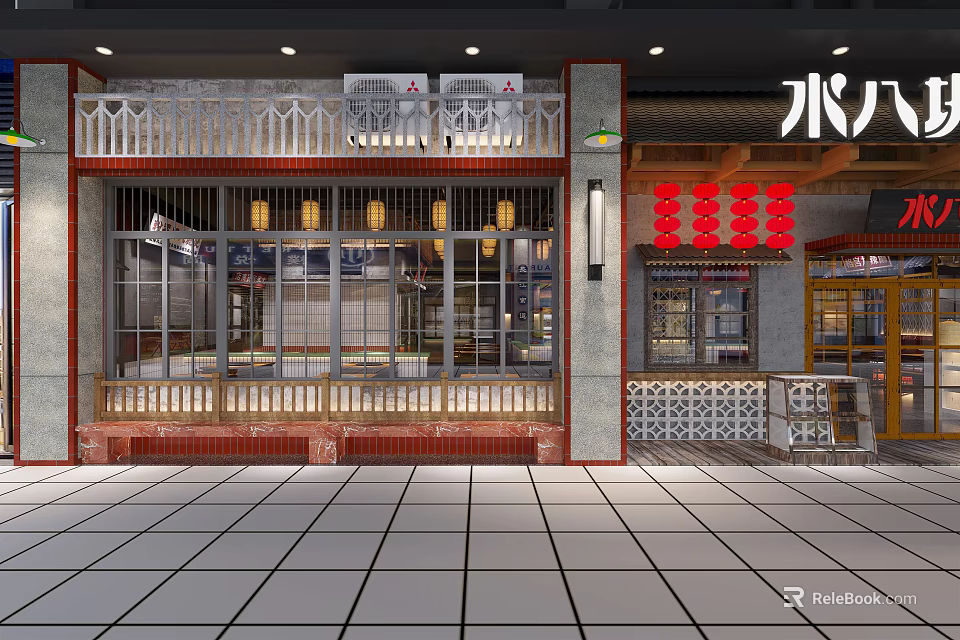 Traditional Hot Pot Restaurant Storefront With Decorative Lanterns And Wooden Frames Design 3d model 