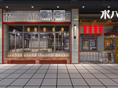 Traditional Hot Pot Restaurant Storefront With Decorative Lanterns And Wooden Frames Design 3d model