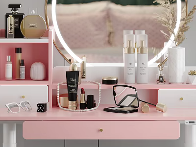 Pink Dressing Table Interior With Organized Cosmetics Skincare And Round Mirror 3d model