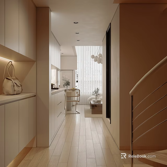 Modern Apartment Interior With Light Tones Cabinets And Pendant Lights 3d model