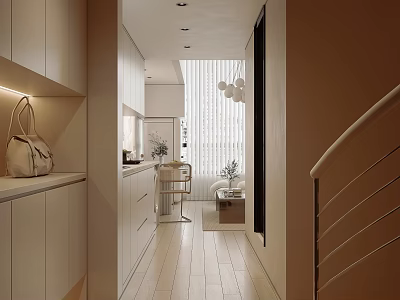 Modern Apartment Interior With Light Tones Cabinets And Pendant Lights 3d model