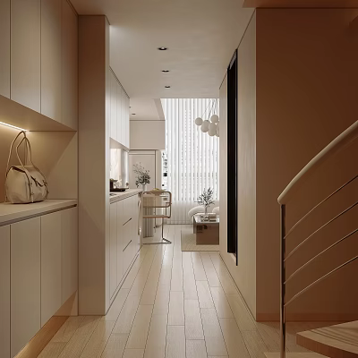 Modern Apartment Interior With Light Tones Cabinets And Pendant Lights 3d model