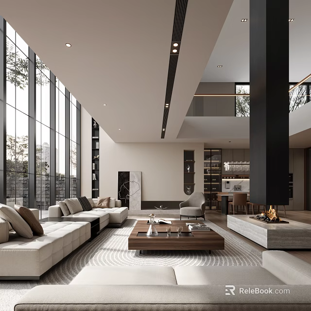 Modern Luxury Living Room Interior With Floor-to-Ceiling Windows Sofa Coffee Table Fireplace And Rug 3d model 