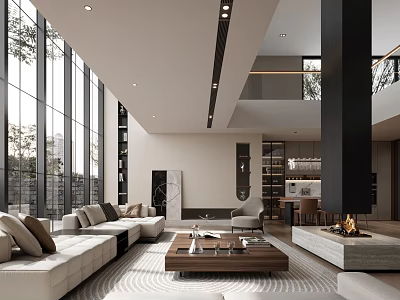 Modern Luxury Living Room Interior With Floor-to-Ceiling Windows Sofa Coffee Table Fireplace And Rug 3d model