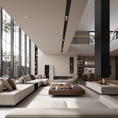 Modern Luxury Living Room Interior With Floor-to-Ceiling Windows Sofa Coffee Table Fireplace And Rug 3d model