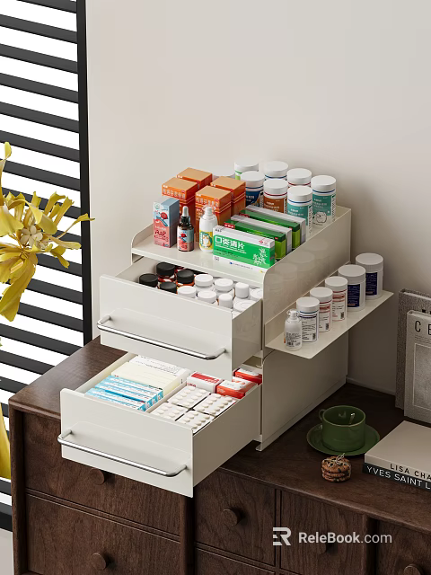 White Multi Layer Medicine Organizer With Drawers Shelves Medicines Bottles Boxes And Yellow Flowers 3d model 