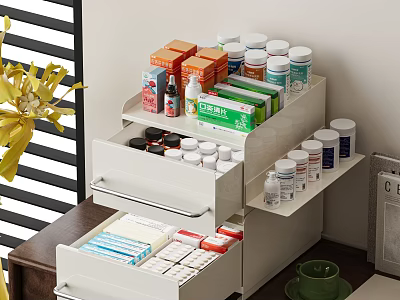 White Multi Layer Medicine Organizer With Drawers Shelves Medicines Bottles Boxes And Yellow Flowers 3d model