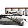 Modern Double Bed With Brown And White Headboard Checkered Pillows And Gray Bedding 3d model