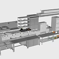 Commercial Kitchen Layout With Stainless Steel Appliances Cooking Equipment And Worktables