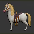 Cartoon Style White Toy Horse with Pink Nose Blond Mane and Purple Saddle