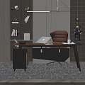 Modern Home Office Desk With Orange Chair Laptop And Bookshelf Decorations