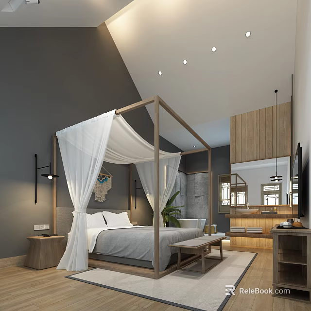 Modern Hotel Guest Room Featuring Four Poster Bed White Canopy Gray Walls And Wooden Accents 3d model 