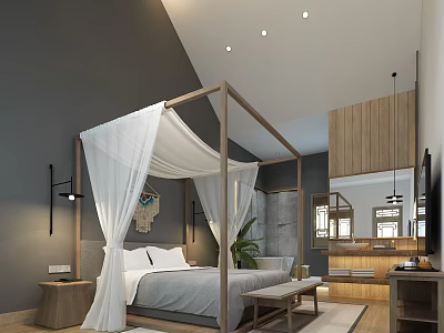Modern Hotel Guest Room Featuring Four Poster Bed White Canopy Gray Walls And Wooden Accents 3d model
