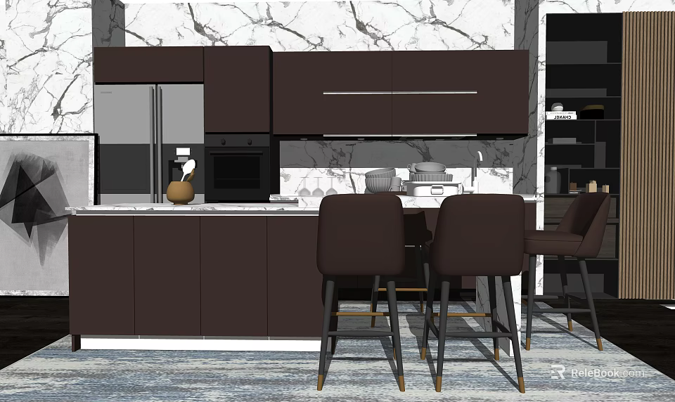 Modern Kitchen Interior With Dark Brown Cabinets Marble Backsplash And Bar Stools 3d model