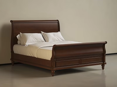 Classic Wooden Double Bed With Carved Headboard And White Sheets In Simple Setting 3d model