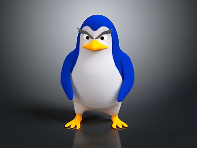 3D Penguin Character With Blue White Body Yellow Feet Orange Beak And Serious Expression 3d model