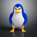 3D Penguin Character With Blue White Body Yellow Feet Orange Beak And Serious Expression