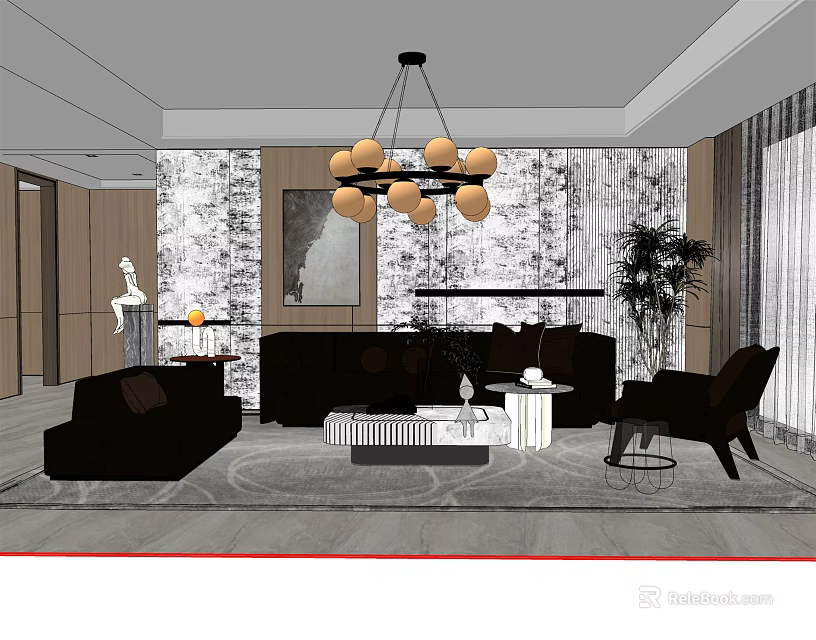 Modern Living Room With Sofa And Coffee Table Set Chandelier Patterned Wall And Plants 3d model