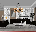 Modern Living Room With Sofa And Coffee Table Set Chandelier Patterned Wall And Plants 3d model