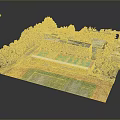 Scenic Campus Landscape With Green Red Playground Wet Surface Buildings And Lush Trees