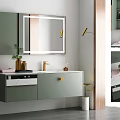 Modern Gray Washbasin Vanity With Mirror Marble Countertop Gold Faucet Green Plant And Wall Lamp