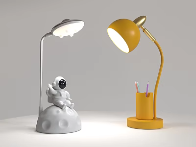 Modern Desk Lamps With Moon Shaped Base Astronaut Yellow Design Pen Holder And Colorful Pens 3d model