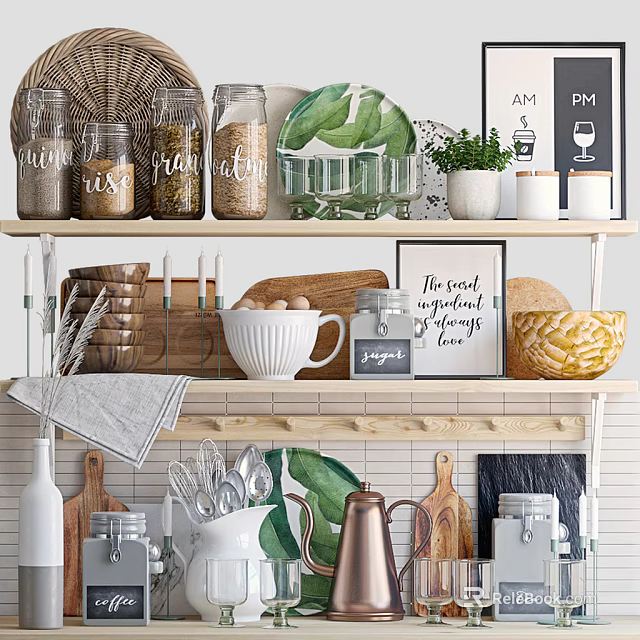 Stylish Organized Kitchen Shelves With Jars Plates Bowls Utensils And Cutting Boards 3d model 