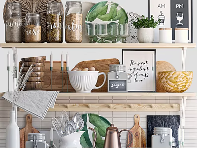 Stylish Organized Kitchen Shelves With Jars Plates Bowls Utensils And Cutting Boards 3d model