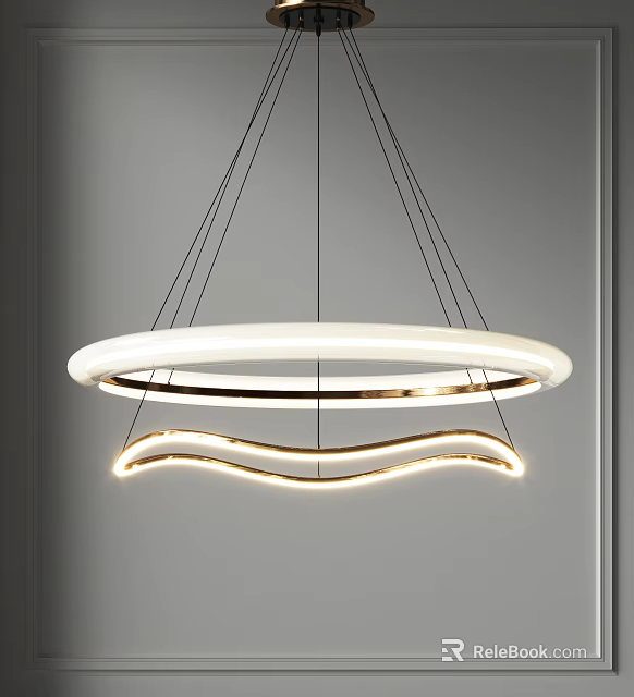 Modern Double Ring Pendant Light With Curved Wave Design And Gold Accents In Interior 3d model 