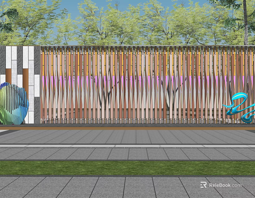 Modern Garden Wall With Wooden Slats Colorful Stripes And Green Plants Background 3d model 