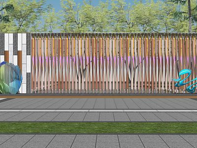 Modern Garden Wall With Wooden Slats Colorful Stripes And Green Plants Background 3d model