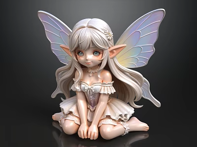 3D Fairy Girl Figurine With Long White Hair And Iridescent Wings Sitting 3d model