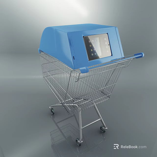 Smart Shopping Cart Public Facility With Blue Top Digital Screen And Metal Frame 3d model 