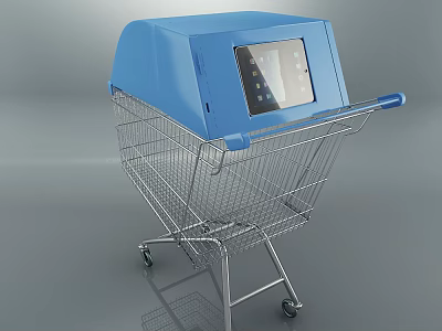Smart Shopping Cart Public Facility With Blue Top Digital Screen And Metal Frame 3d model