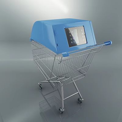 Smart Shopping Cart Public Facility With Blue Top Digital Screen And Metal Frame 3d model