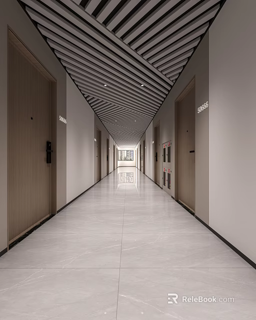 Modern Office Corridor Interior With Striped Ceiling Polished Tile Floor And Wooden Doors 3d model 
