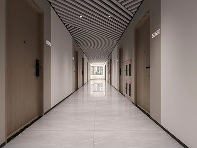 Modern Office Corridor Interior With Striped Ceiling Polished Tile Floor And Wooden Doors 3d model