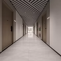 Modern Office Corridor Interior With Striped Ceiling Polished Tile Floor And Wooden Doors