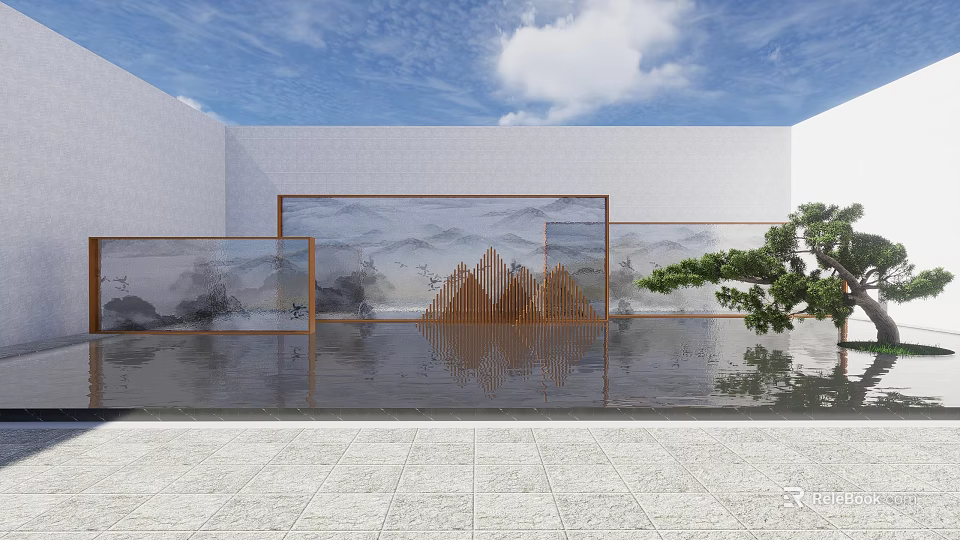 Modern Scenic Wall Featuring Mountain Water Pattern Wooden Decorations Water Pool Reflection and Side Tree 3d model