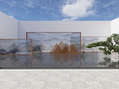 Modern Scenic Wall Featuring Mountain Water Pattern Wooden Decorations Water Pool Reflection and Side Tree 3d model