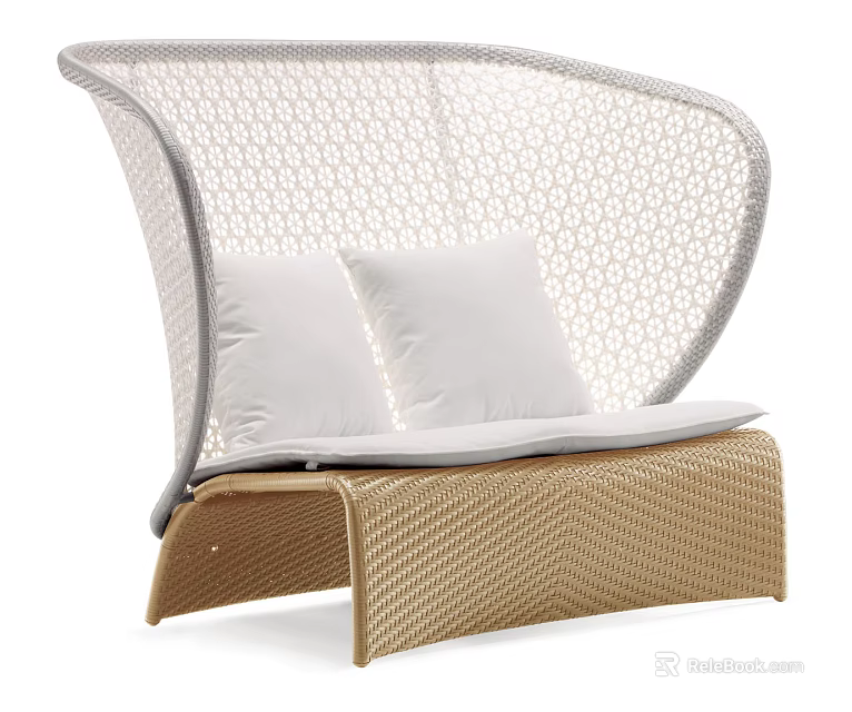 Modern Outdoor Sofa With Woven Light Gray Backrest Beige Seat And White Cushions 3d model 